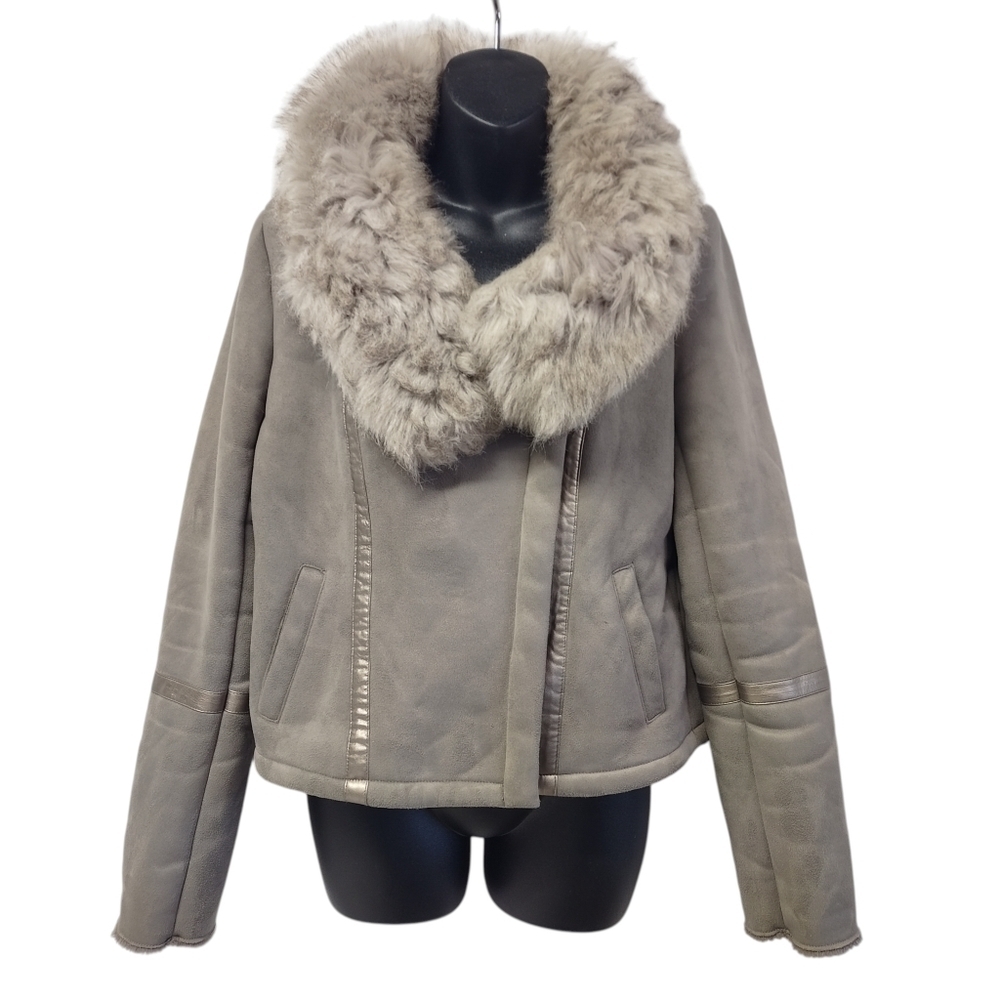 White Black Women's Gray Faux Suede Fur Sherpa Lined Jacket Size Small